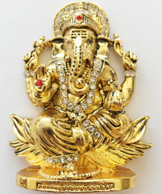 Blessing Lord Ganesha Sitting on Lotus Car Dashboard Metal Golden Idol H-3"