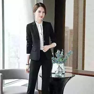 Elegante Tailleur completo donna nero giacca manica lunga pantaloni 7176