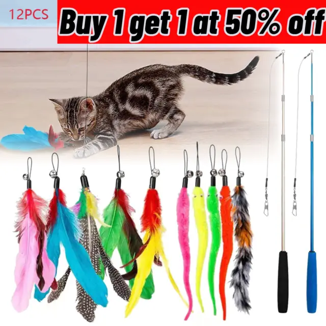 12PCS Kitten Cat Feather Toy Bell Wand Teaser Rod Interactive Play Pet Gift Toys