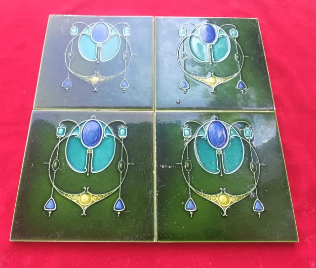 4 Piece Lot Old Art Flower Design Embossed Majolica Ceramic Tiles England 0379 2