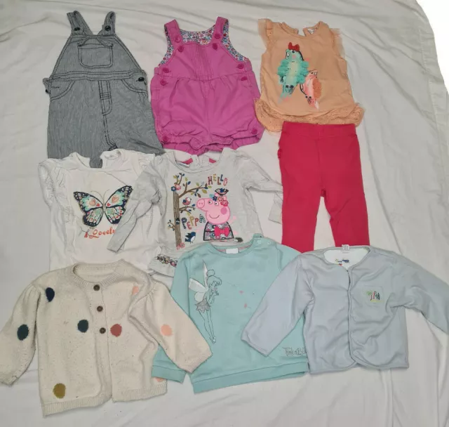 Baby Girls 9-12 Months 9 Piece Bundle Dungaree Shorts T-Shirts Cardigans Jumper