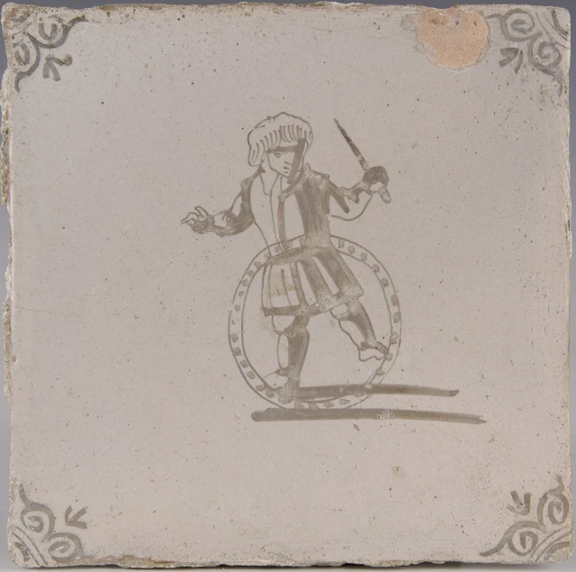 Nice Dutch Delft Blue tile, childplay, 17th century.