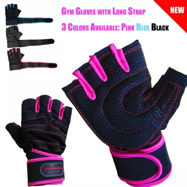 Fitness Weight Lifting Gym Boxing Gloves w Long Strap Wrist Wrap 3 Colors Pink