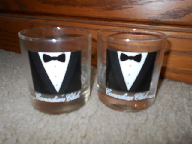 Set of 2 VTG Canadian Club Whiskey Glasses Tuxedo Design 3 1/4" tall