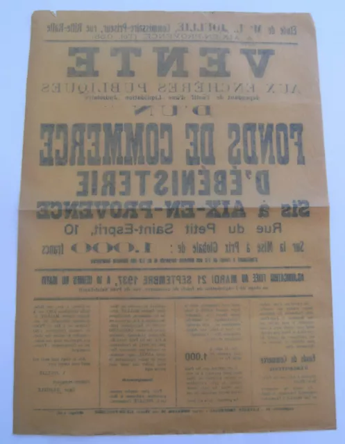 Affiche vente enchère fond de commerce ébénisterie 1937 vintage rétro 2