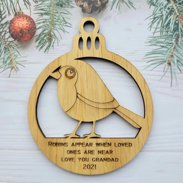 Robin Wood Christmas Tree Hanging Plaque Memorial Loved Near Xmas Bauble Oak A22