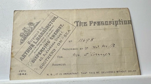 Antique Pharmacy Prescription Envelope  Arthur Harrington Chemist Southend