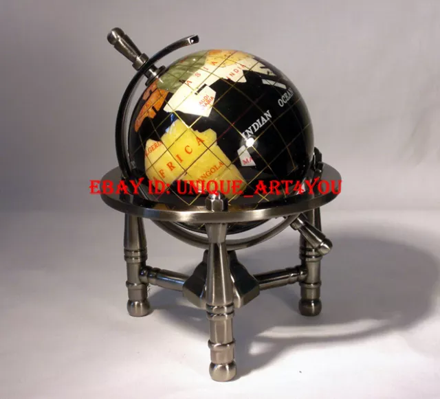 Unique Art 6-Inch Mini black  Gemstone World Globe with silver Tripod office