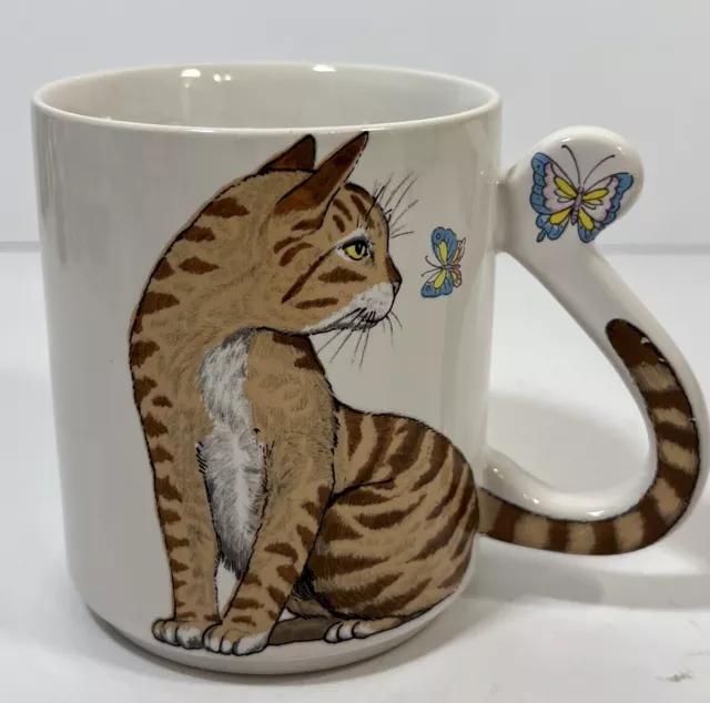 Vintage Japan Cat with Tail Handle and Butterflies Ceramic Mug