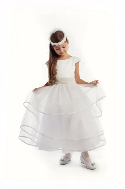 White First Communion Dress Ivory Pearl Beaded Flower Girl Pageant Wedding Dance