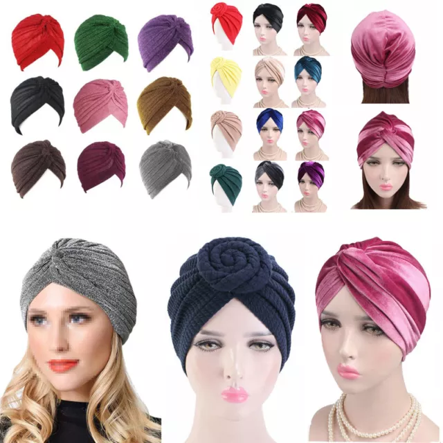Women's Velvet Stretch Cotton Glitter Turban Chemo Cap Headwear Solid Color Wrap
