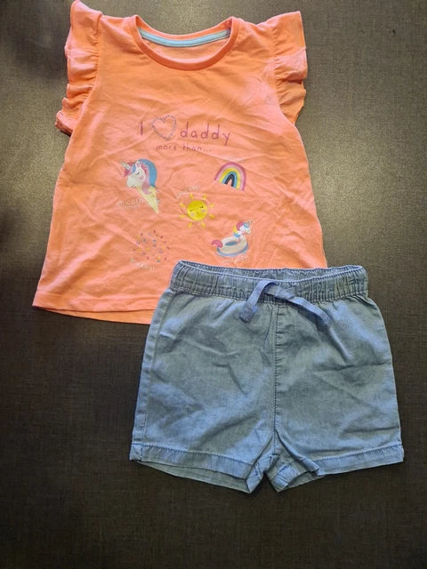 T-shirt papà ragazze 12-18 mesi top pantaloncini stile denim outfit pacchetto giorno successivo