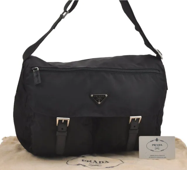 Authentic PRADA VELA Nylon Tessuto Leather Shoulder Cross Bag Black  W/ COA