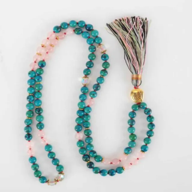 8mm 108 Natural Malachite pink Crystal beads knot necklace Gift Bohemia Cuff