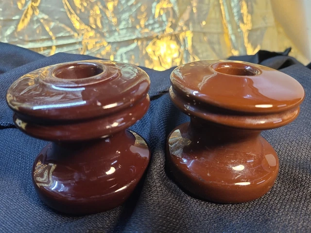 Pair of Vintage Telephone Electric Spool Insulator Brown Ceramic Porcelain 3"