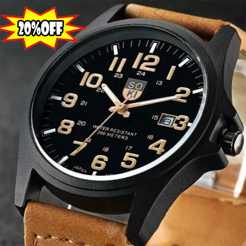 Men’s Military Leather Date Quartz Analog Army Casual Dress Wrist Gift Watches