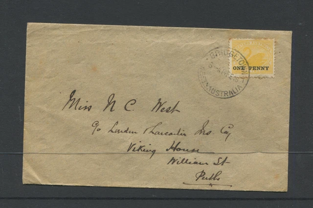 Western Australia 1916 Cover Bearing 1D On Yellow Opt From Bridgetown To Perth.