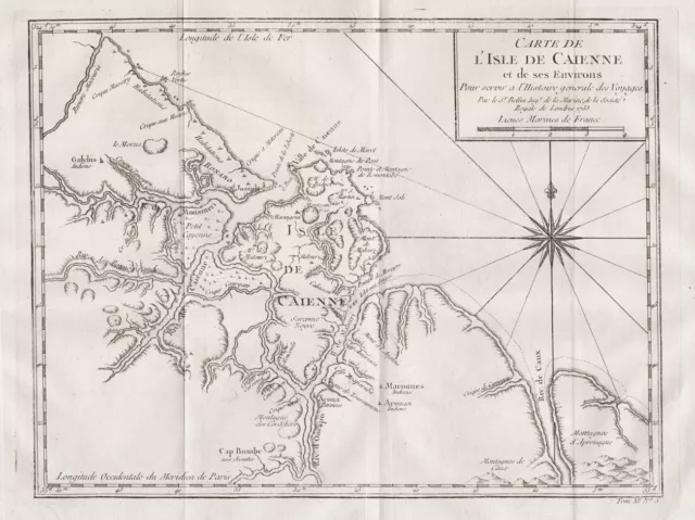 Ile de Cayenne French Guiana South America Map Copper Stitch Bellin 1753