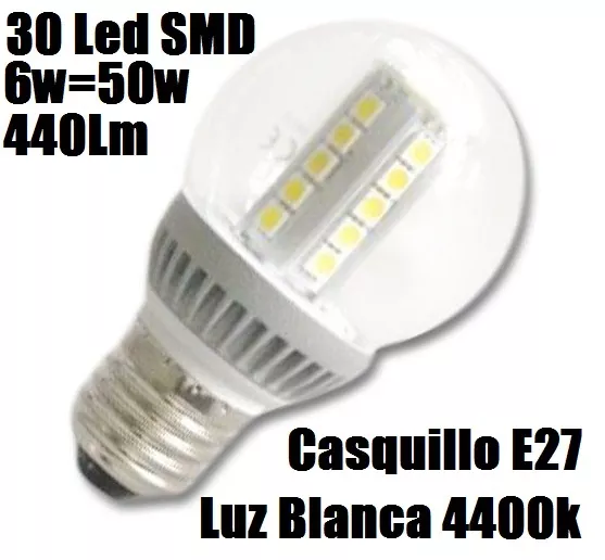Bombilla Esferica E27 LED 6w=50w LUZ BLANCA/FRIA 4400K, Bajo Consumo