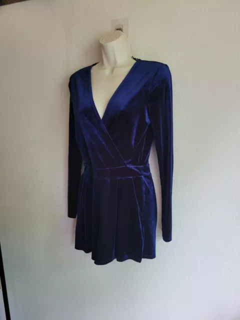 Lulus Womens Navy Velvet Faux Wrap Long Sleeve Romper Pockets Size xs and small
