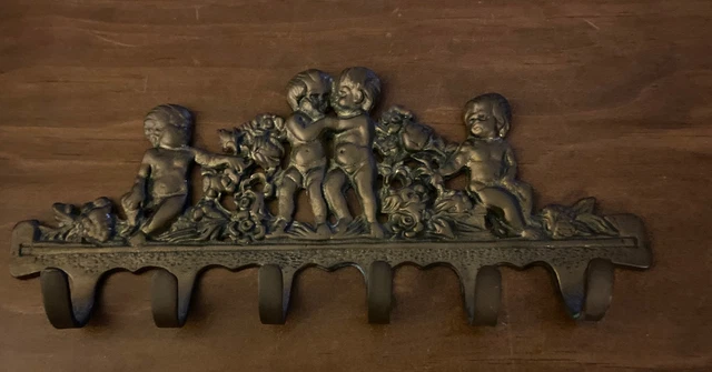 Vintage Brass Cherubs Flowers Key Holder Wall Mount Brass Hat Coat 6 Hook Hanger