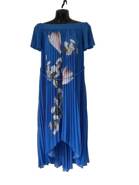 Ted Baker Blue Floral Off The Shoulder Floaty Pleated Dress Size 1 Uk 8 New