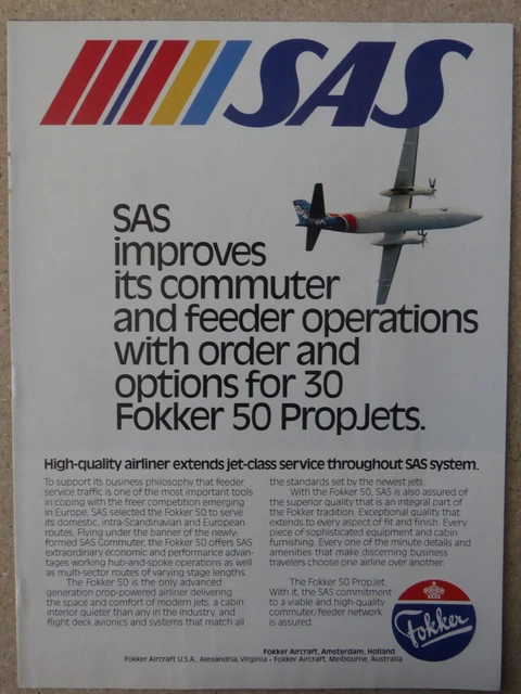 11/1988 Pub Fokker 50 Airliner Sas Scandinavian Airline Commuter Original Ad