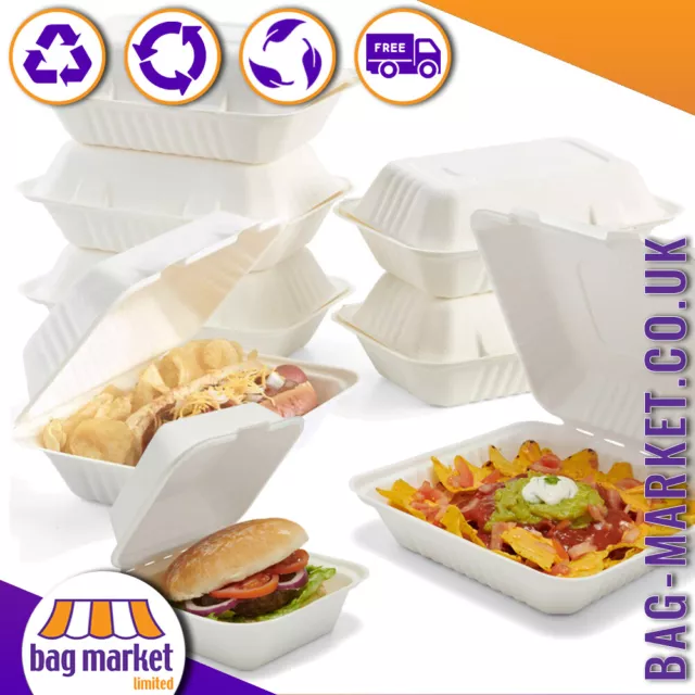 White Bagasse Takeaway Food / Meal Boxes - 100% Biodegradable, Disposable, Lunch