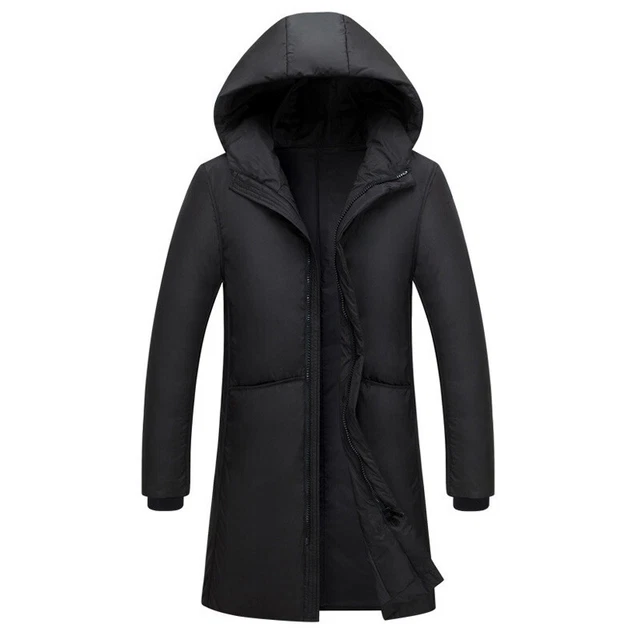 Winter Mens Long Puffer Coat Quilted Padded Overcoat Hooded Down Fleece Jacket