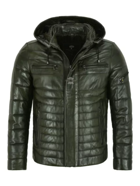 Men's Puffer Hooded Real Lambskin Napa Leather Sport Jacket Fully Quilted 2006