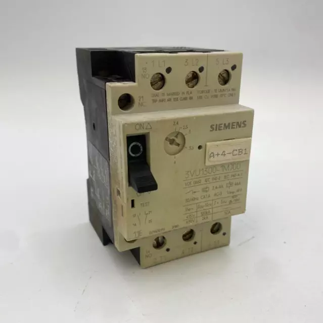 Siemens 3VU1300-1MJ00 Motor Starter Protector 2.4-4A 3P 600V DIN Rail 1NO/1NC