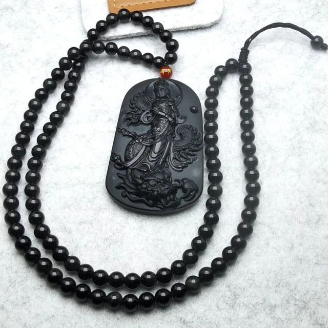 Black Obsidian Pendant Carved Driving Dragon Guanyin Obsidian Healing Crystal
