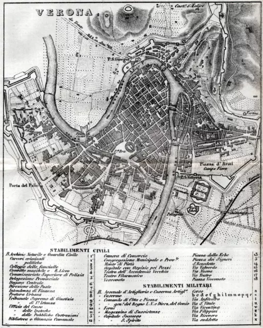 Pianta di Verona. Carta topografica.Ronchi.+ Passepartout.Stampa antica del 1866 2