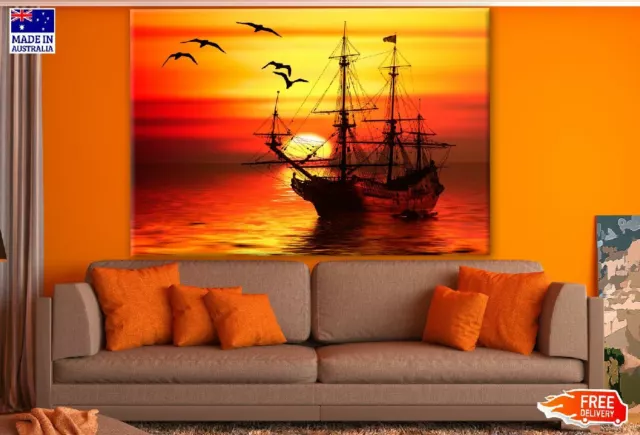 Ship Sailing in Sea Sunset Wall Canvas Home Decor Australian Made Quality