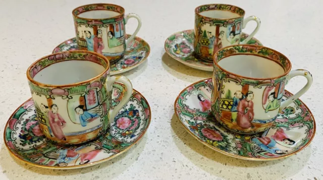 4 Sets Antique Chinese 1920 Rose Medallion Dematisse Cups & Saucers Lot