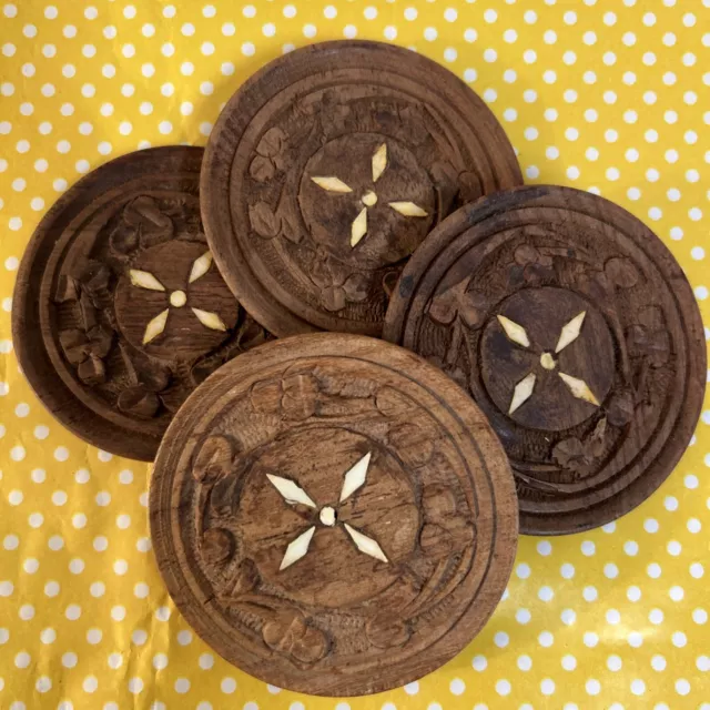 Vintage Hand Carved Wood Shell Inlay Coasters India Floral Design Set Of 4