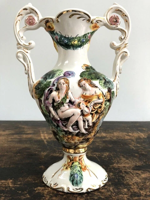 15" Vintage KERAMOS Raised R. CAPODIMONTE Italy NUDE LADY Urn Vase GOLD Ornate