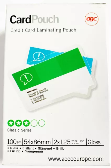 New 100 Credit Card Sized Laminating Pouches 250 Microns 54 X 86Mm Gbc