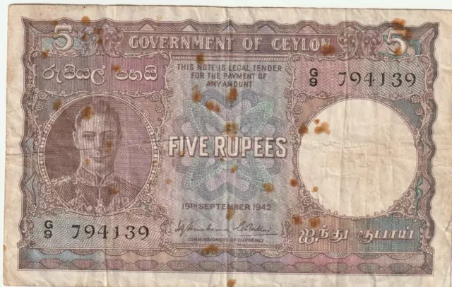 Ceylon King George VI  1942    5 Rupee Banknote in good condition.