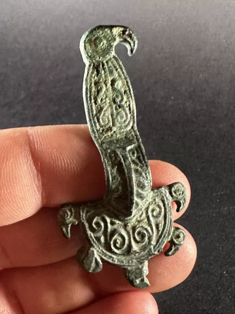 Ancient Viking Norse Bronze Fibula Brooch With Raven Detailing - Circa 800 Ad
