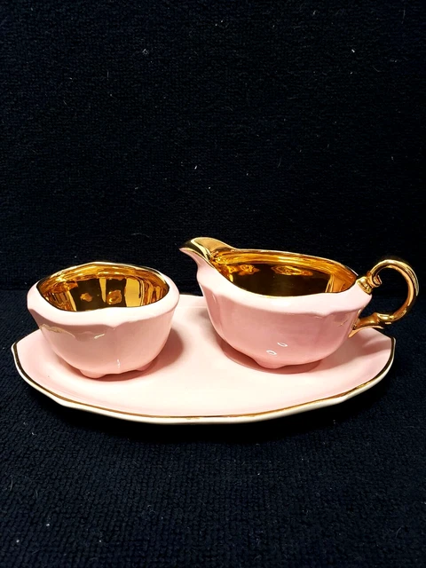 Vtg. Royal Winton Grimwades Pink "Golden Age"Creamer Sugar Tea Set w/Tray