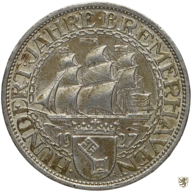 WEIMAR, 3 Mark, 1927 A, 100 Jahre Bremerhaven, Jg. 325, vorzüglich