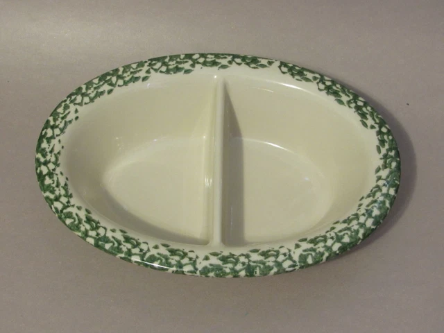 Gerald Henn Green Spongeware Oval Divided Serving Bowl Excellent