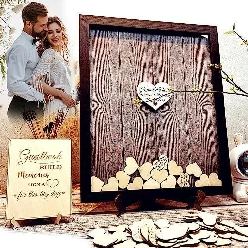 Wedding GUEST Book Brown Alternative Reception Bridal Party TABLE 100 Heart Wood