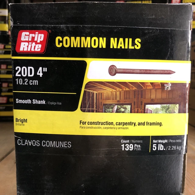 5 Lb Box GripRite 4" Nails 20D (6 Gauge) Common Bright Finish