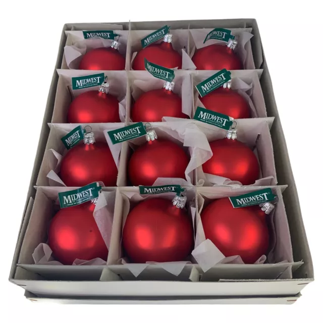 Lot Of 12 Vintage Midwest Of Cannon Falls Red Matte 3” Christmas Ornaments NOS