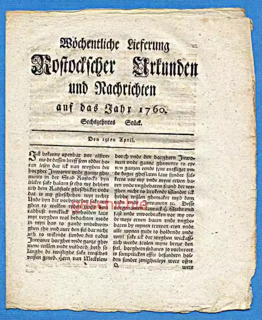 Mecklenburg, Rostocksche Zeitung, Urkunden und Nachrichten, 16. Stück, um 1760 !