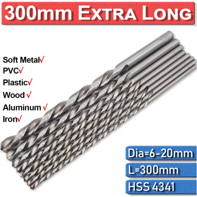 ​300mm Extra Long High Speed Steel HSS Twist Drill Bits For Metal Wood 6-20mm