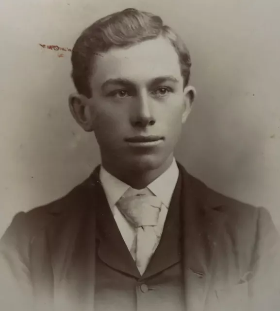 Antique Cabinet Card Photo Young Man Suit Tie Hair Fashion Watseka IL