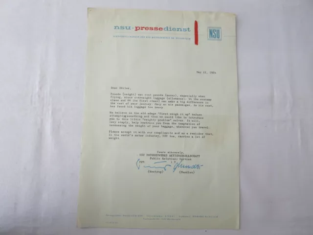1964 NSU Car Factory Letter Letterhead sent to Magazine Editor